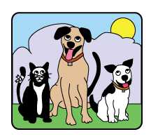 An illustration of a kitten, dog, and puppy